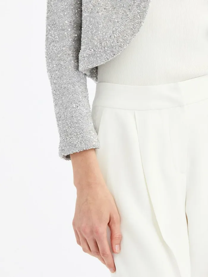 Women Blouses and Knits Oscar De La Renta Sequin Cashmere Silk Bolero Silver Women Blouses and Knits Oscar De La Renta Sequin Cashmere Silk Bolero Silver