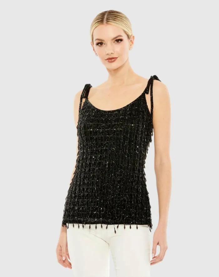 Women Blouses And Tops Mac Duggal Crystal Embellished Soft Tie Cami Top 8211 FINAL SALE Black Women Blouses And Tops Mac Duggal Crystal Embellished Soft Tie Cami Top 8211 FINAL SALE Black