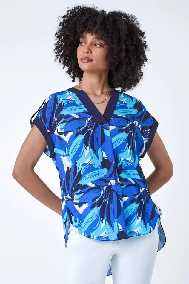 Women Blue Abstract Floral Print Contrast Trim Top Roman Tops