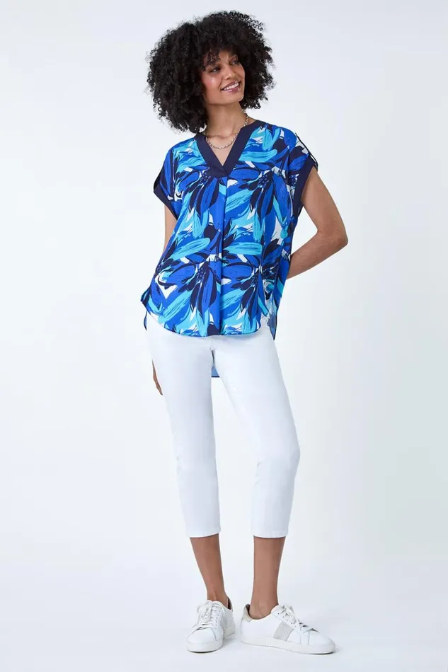 Women Blue Abstract Floral Print Contrast Trim Top Roman Tops