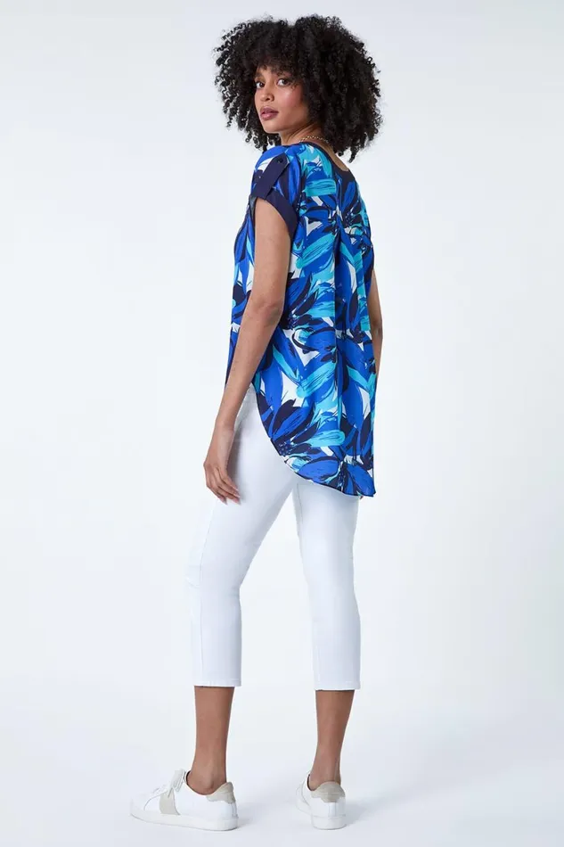 Women Blue Abstract Floral Print Contrast Trim Top Roman Tops