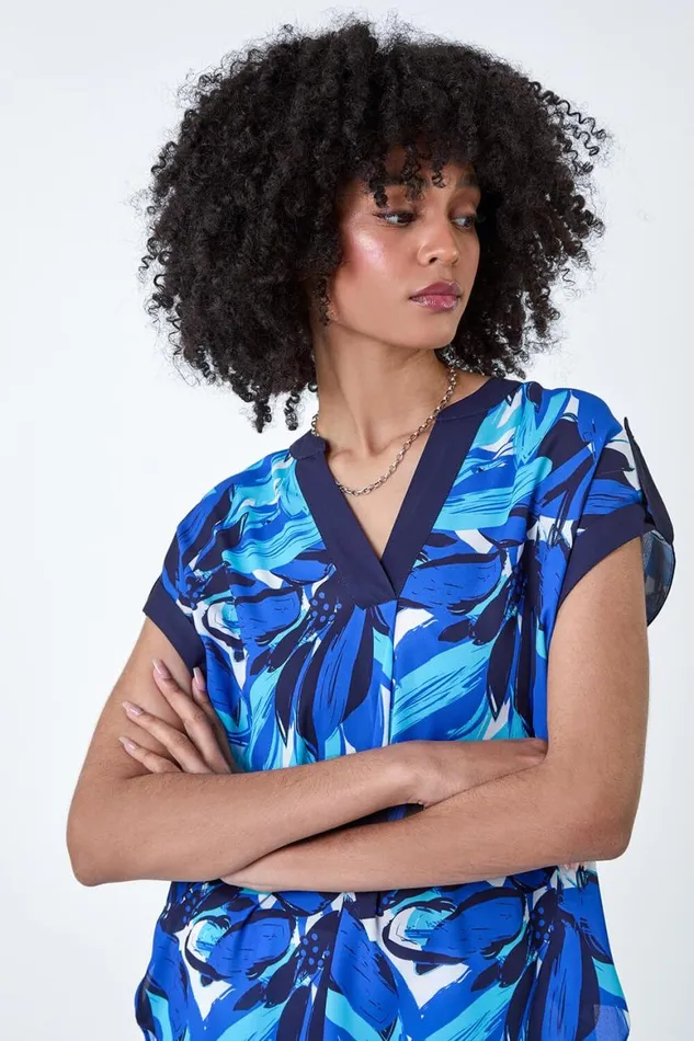 Women Blue Abstract Floral Print Contrast Trim Top Roman Tops