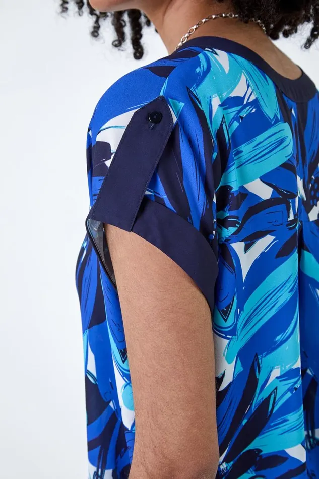 Women Blue Abstract Floral Print Contrast Trim Top Roman Tops