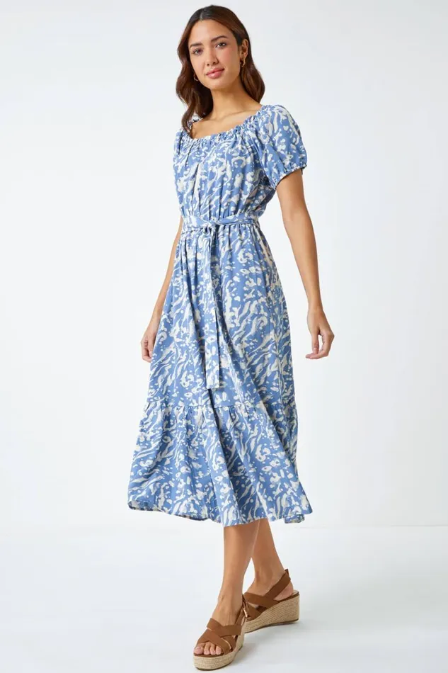 Women Blue Abstract Print Belted Midi Dress Roman Dresses