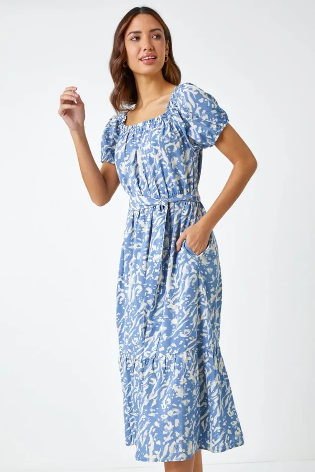 Women Blue Abstract Print Belted Midi Dress Roman Dresses