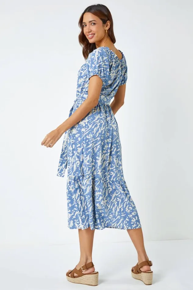 Women Blue Abstract Print Belted Midi Dress Roman Dresses