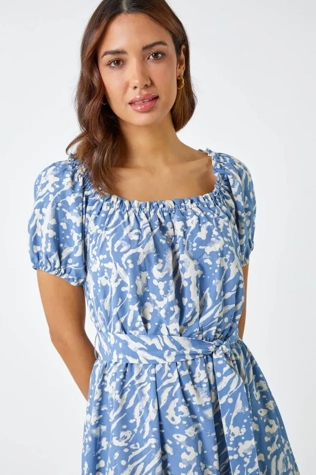 Women Blue Abstract Print Belted Midi Dress Roman Dresses
