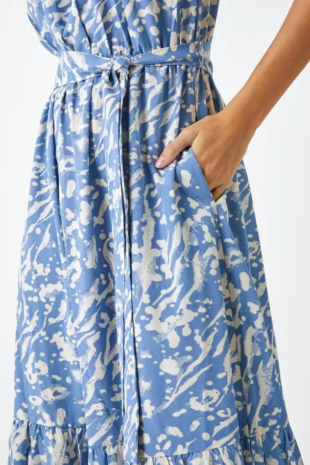 Women Blue Abstract Print Belted Midi Dress Roman Dresses