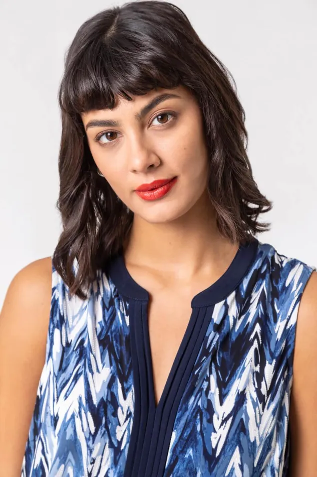 Women Blue Abstract Print Notch Neck Sleeveless Top Roman Tops