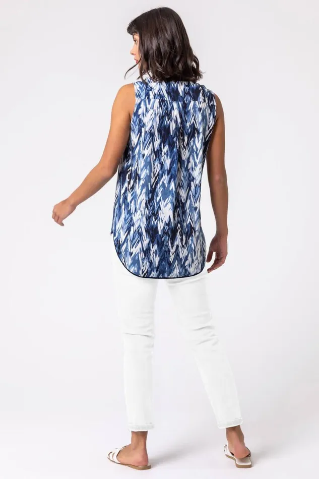 Women Blue Abstract Print Notch Neck Sleeveless Top Roman Tops
