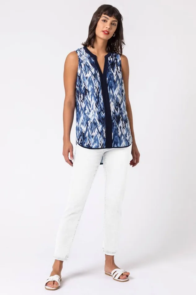 Women Blue Abstract Print Notch Neck Sleeveless Top Roman Tops