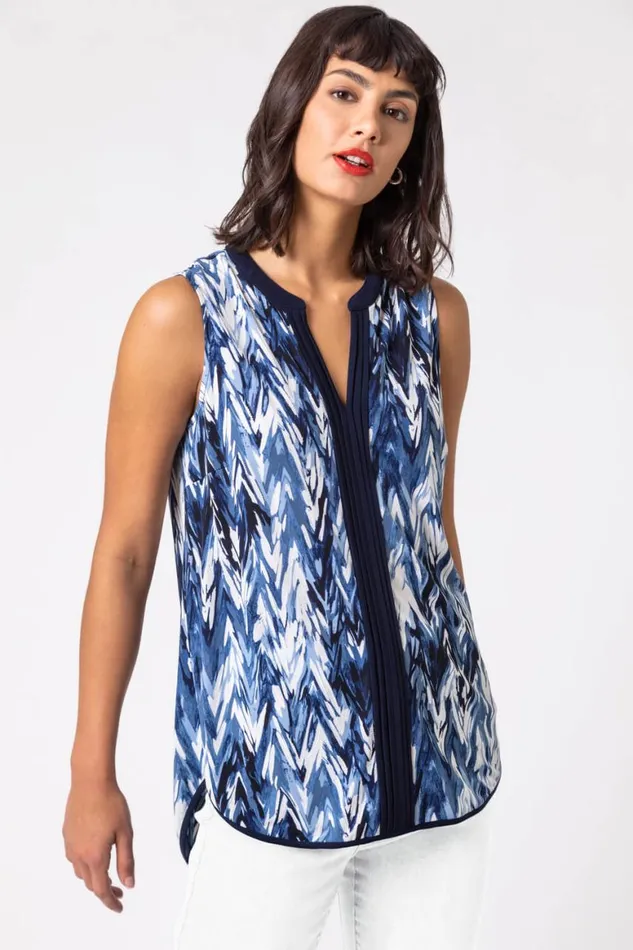 Women Blue Abstract Print Notch Neck Sleeveless Top Roman Tops
