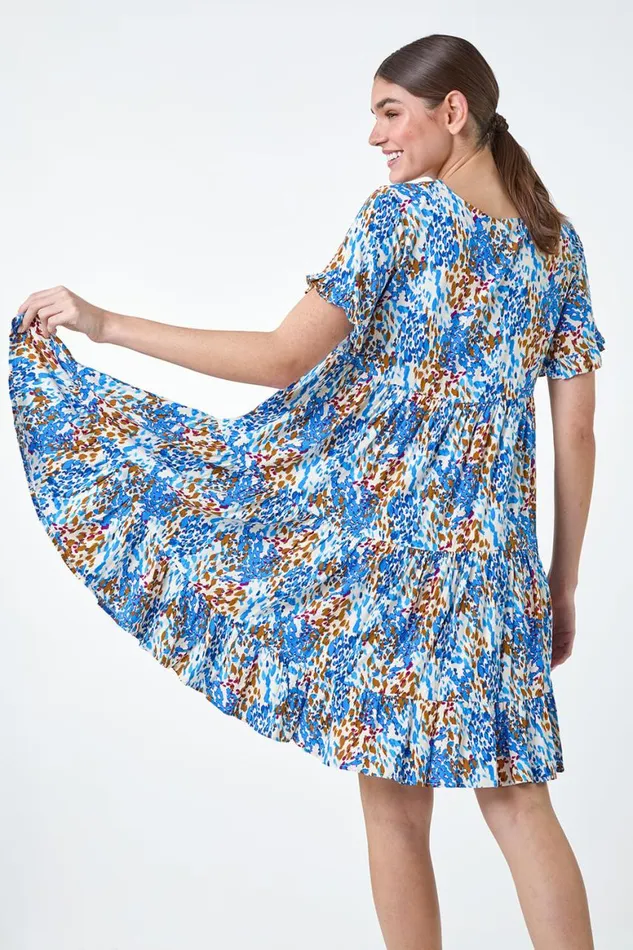 Women Blue Abstract Print Tiered Smock Dress Roman Dresses
