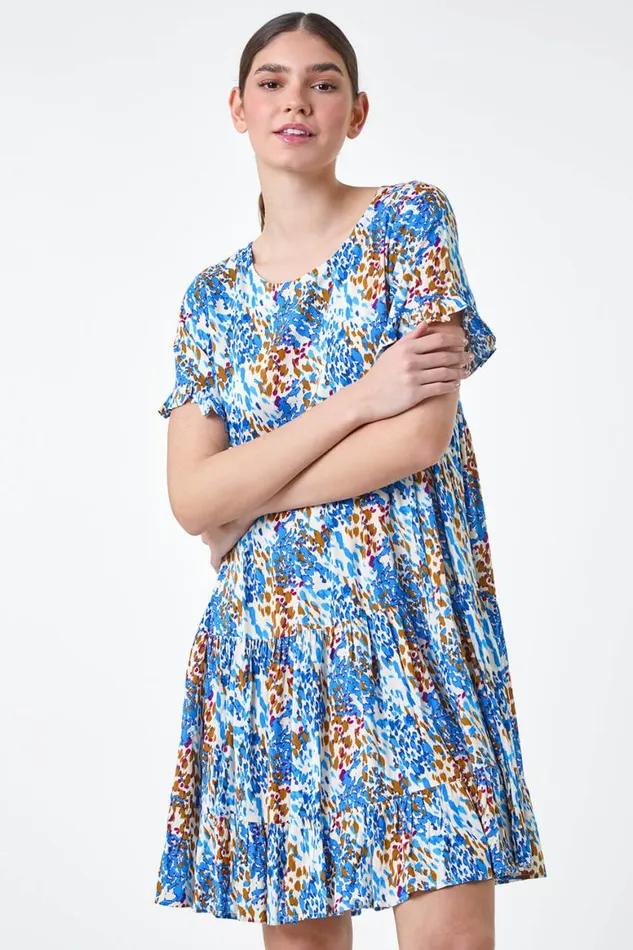 Women Blue Abstract Print Tiered Smock Dress Roman Dresses