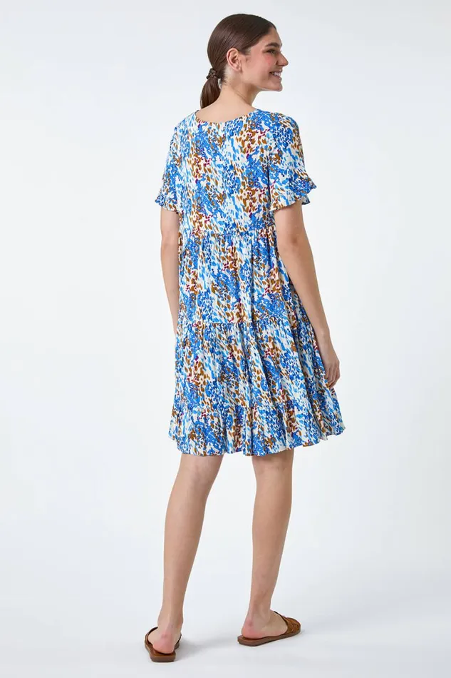 Women Blue Abstract Print Tiered Smock Dress Roman Dresses