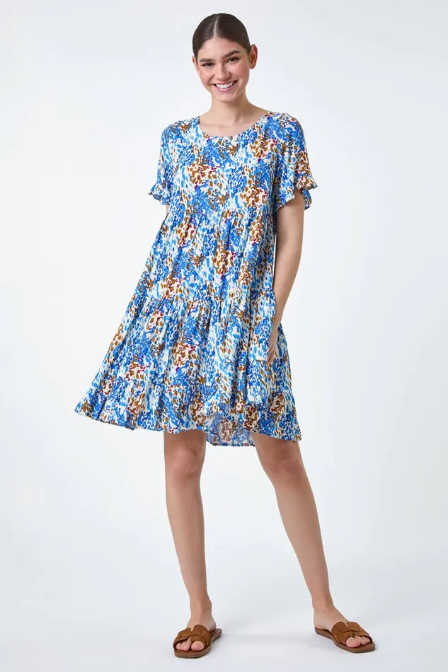Women Blue Abstract Print Tiered Smock Dress Roman Dresses