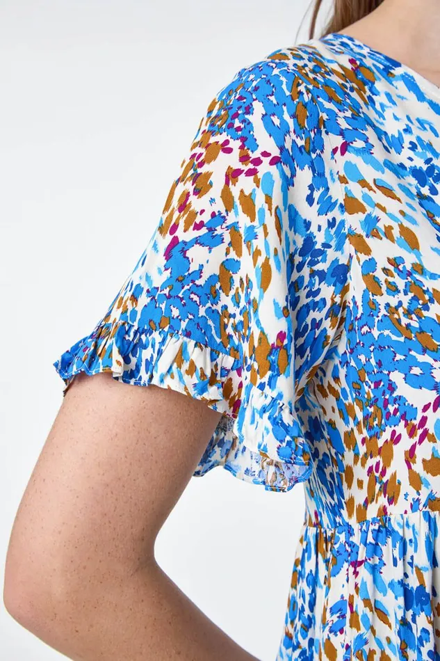 Women Blue Abstract Print Tiered Smock Dress Roman Dresses
