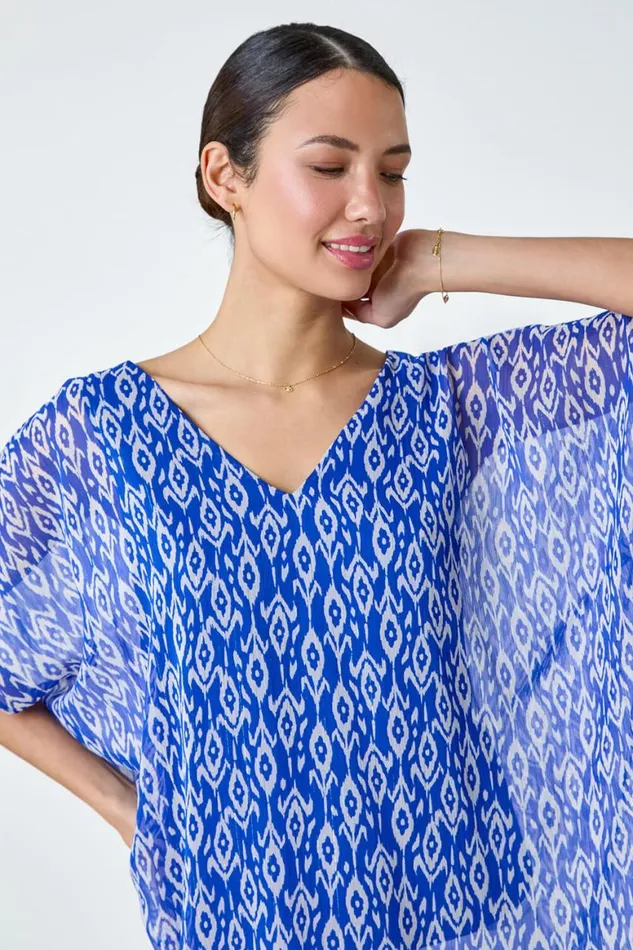 Women Blue Abstract Print VNeck Overlay Tunic Top Roman Tops