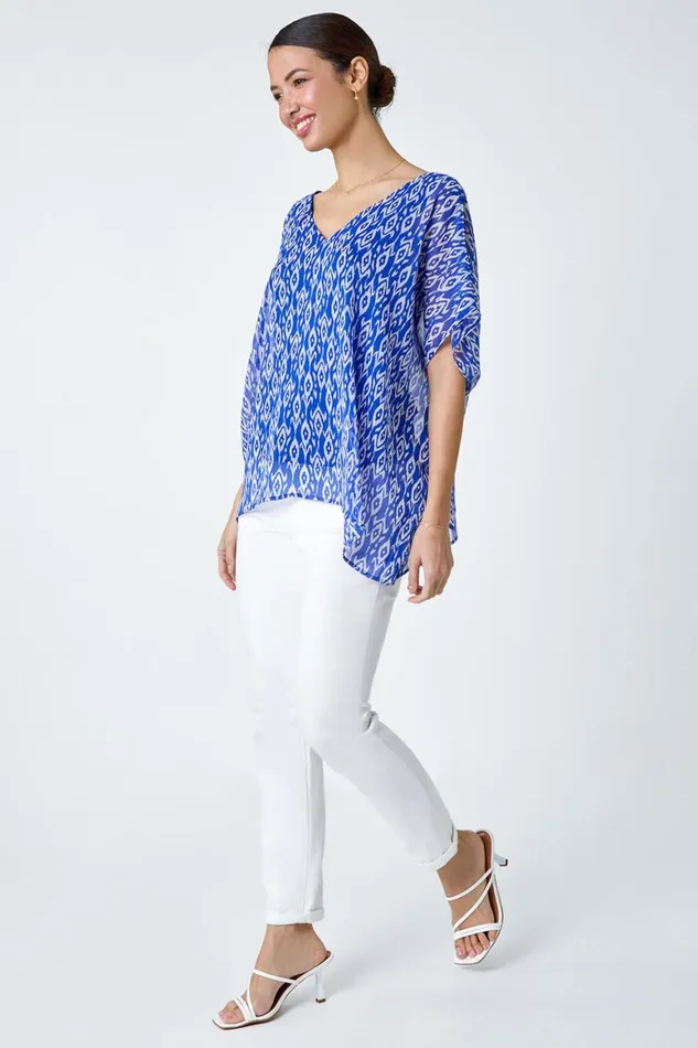 Women Blue Abstract Print VNeck Overlay Tunic Top Roman Tops