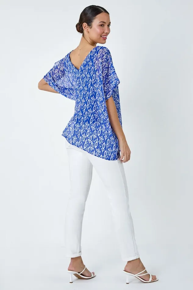 Women Blue Abstract Print VNeck Overlay Tunic Top Roman Tops
