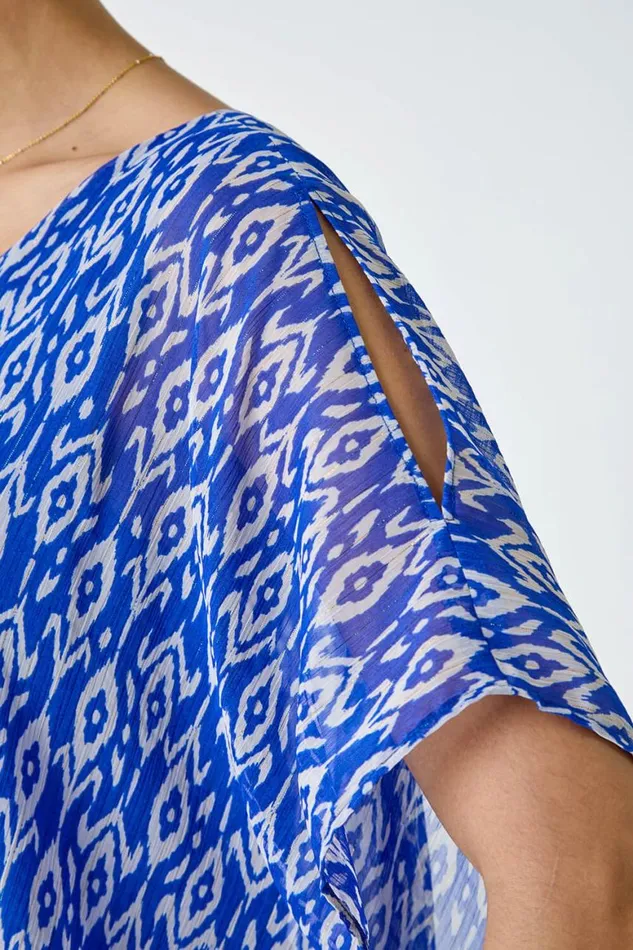 Women Blue Abstract Print VNeck Overlay Tunic Top Roman Tops