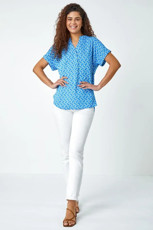 Women Blue Abstract Print Woven Pleat Front VNeck Top Roman Tops