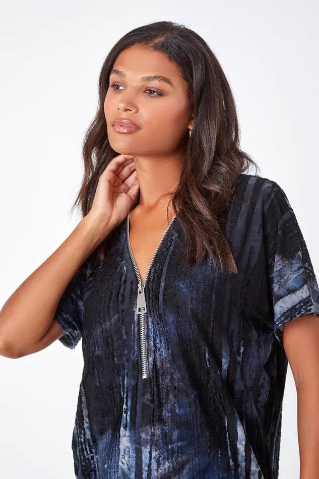Women Blue Abstract Print Zip Front VNeck TShirt Roman Tops