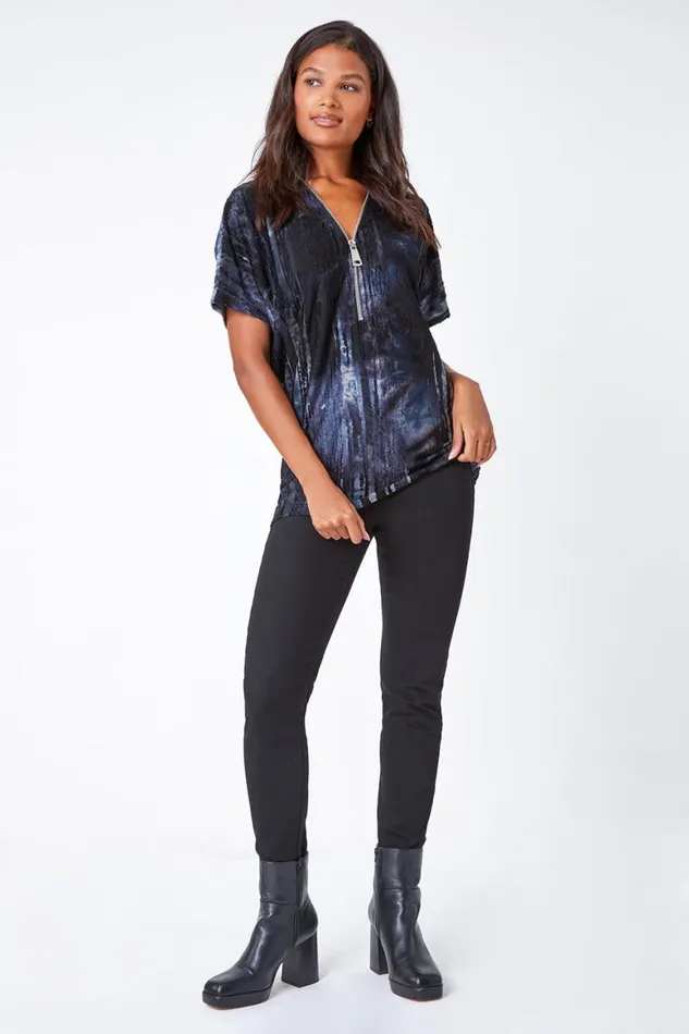 Women Blue Abstract Print Zip Front VNeck TShirt Roman Tops