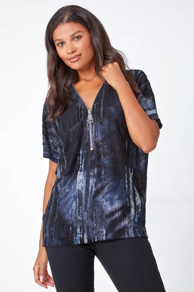 Women Blue Abstract Print Zip Front VNeck TShirt Roman Tops