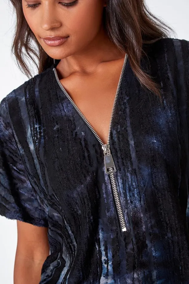 Women Blue Abstract Print Zip Front VNeck TShirt Roman Tops