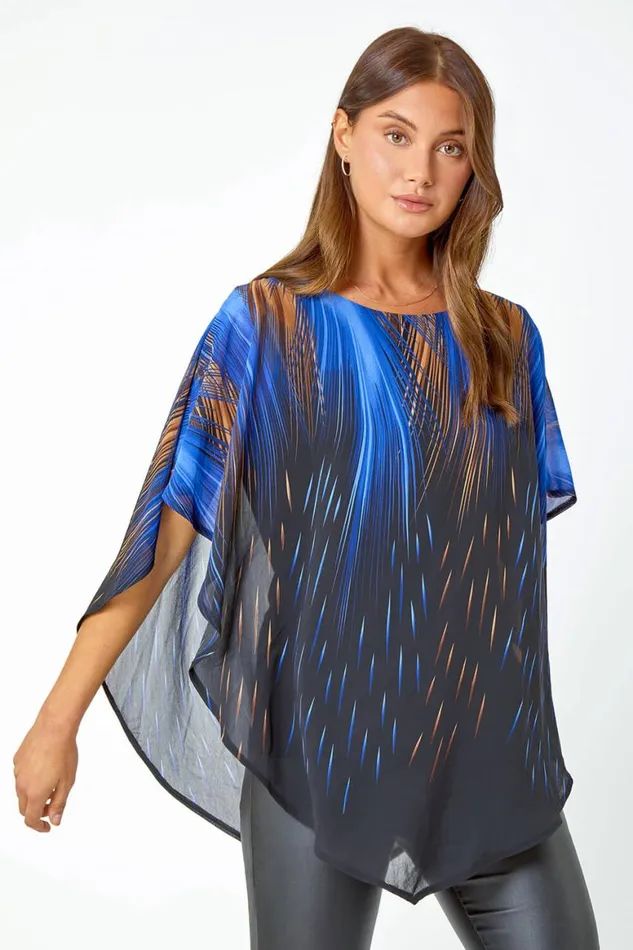 Women Blue Abstract Stretch Chiffon Overlay Top Roman Tops