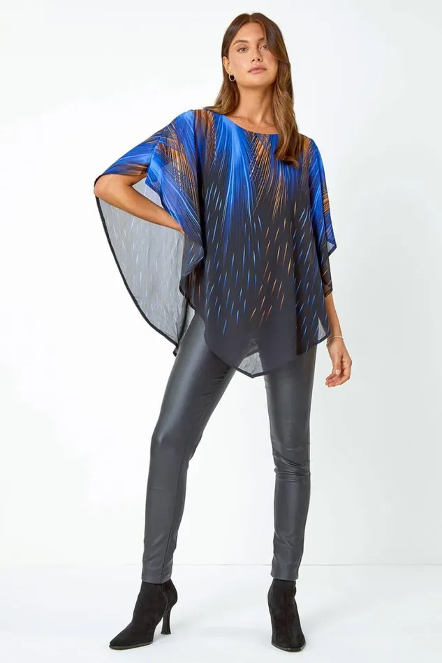 Women Blue Abstract Stretch Chiffon Overlay Top Roman Tops