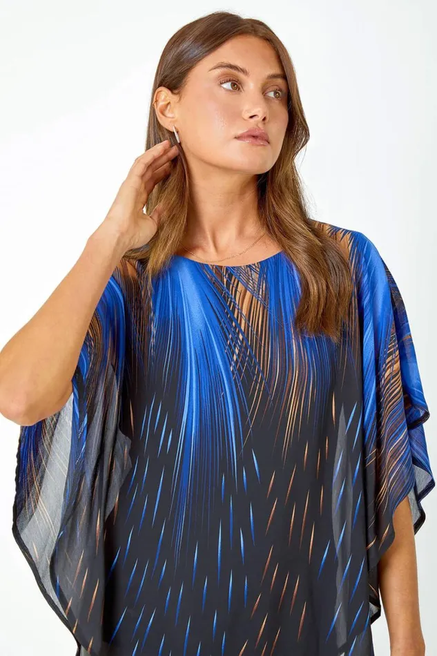 Women Blue Abstract Stretch Chiffon Overlay Top Roman Tops