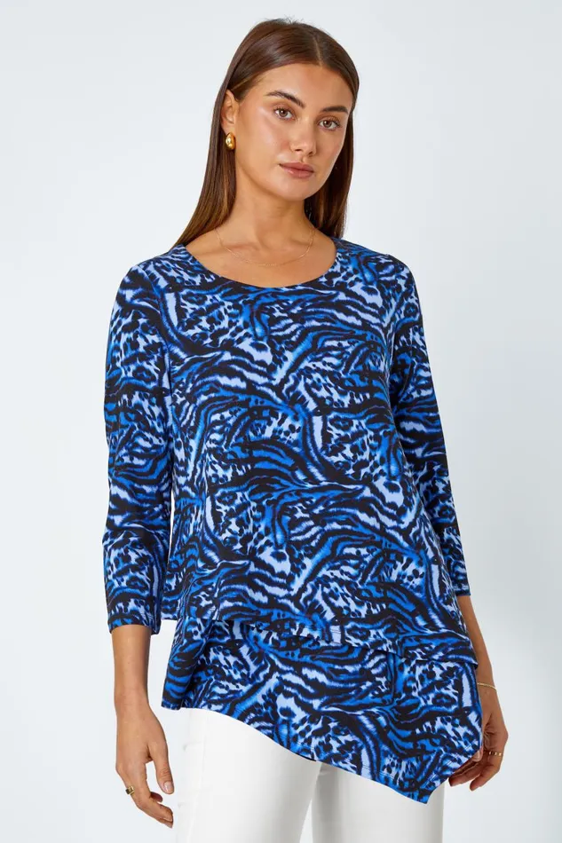 Women Blue Animal Asymmetric Layer Stretch Top Roman Tops