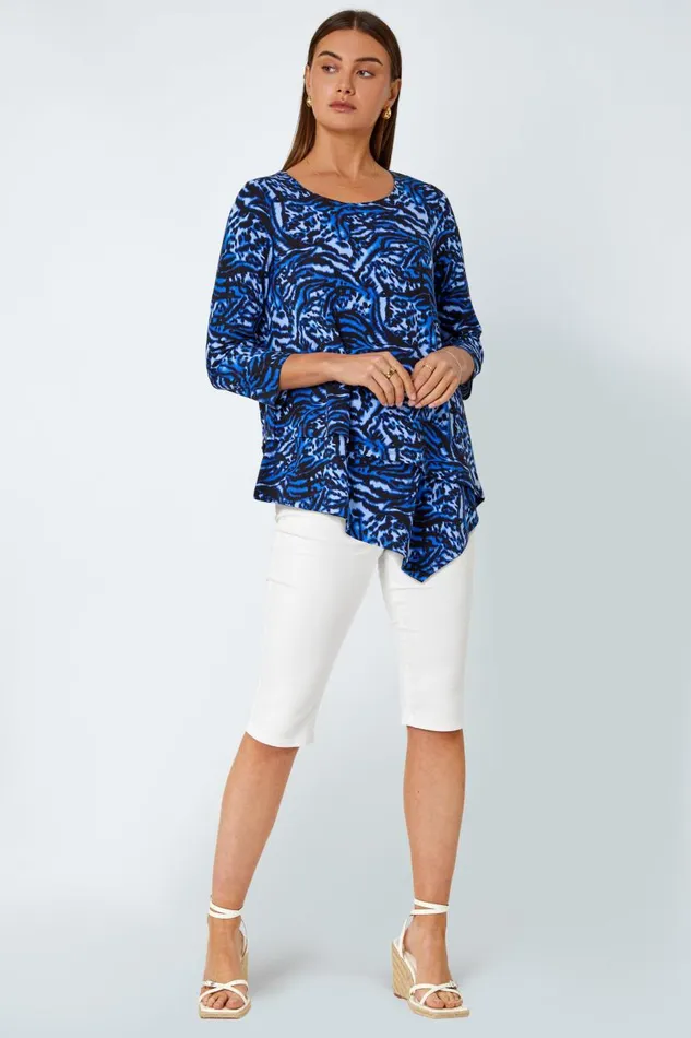Women Blue Animal Asymmetric Layer Stretch Top Roman Tops