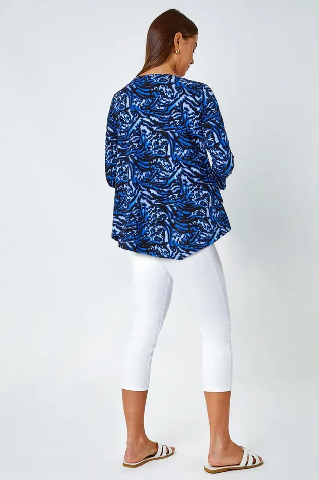 Women Blue Animal Asymmetric Layer Stretch Top Roman Tops