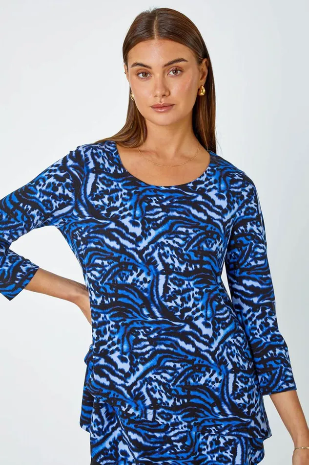 Women Blue Animal Asymmetric Layer Stretch Top Roman Tops
