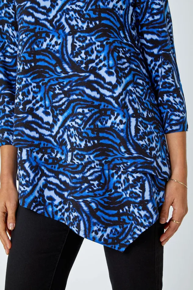 Women Blue Animal Asymmetric Layer Stretch Top Roman Tops