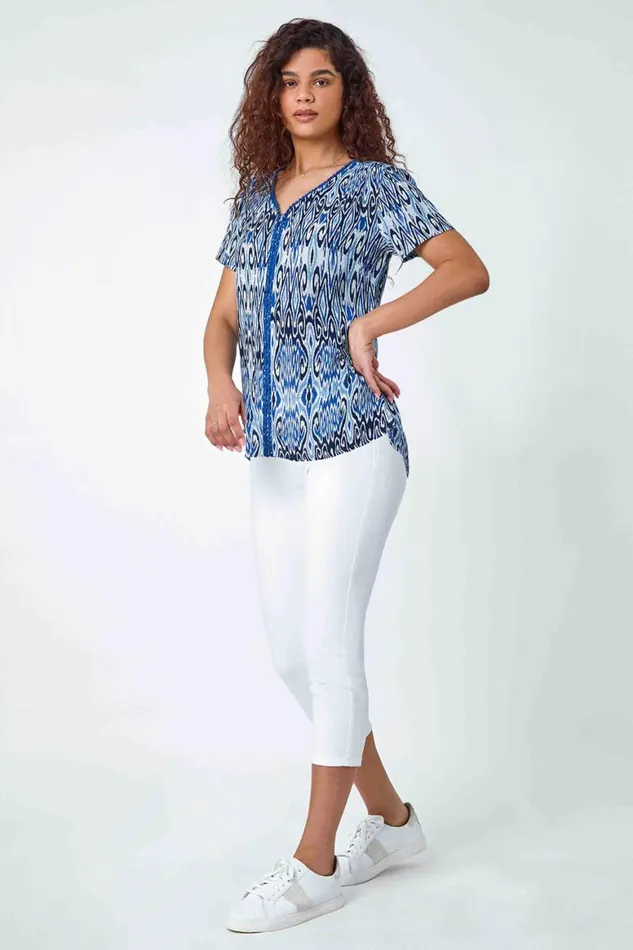 Women Blue Aztec Print Bobble Trim VNeck TShirt Roman Tops