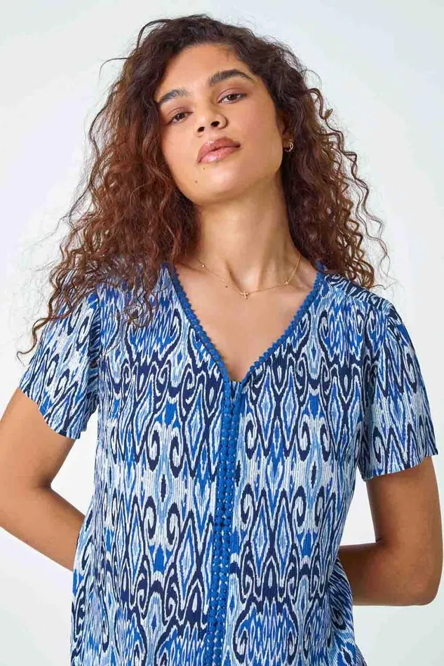 Women Blue Aztec Print Bobble Trim VNeck TShirt Roman Tops