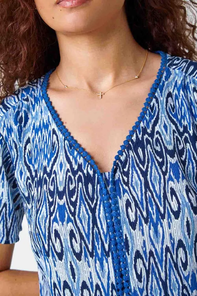 Women Blue Aztec Print Bobble Trim VNeck TShirt Roman Tops