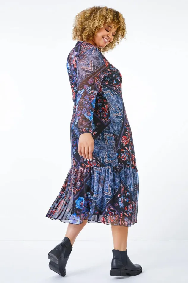Women Blue Curve Floral Print Mesh Midi Dress Roman Dresses