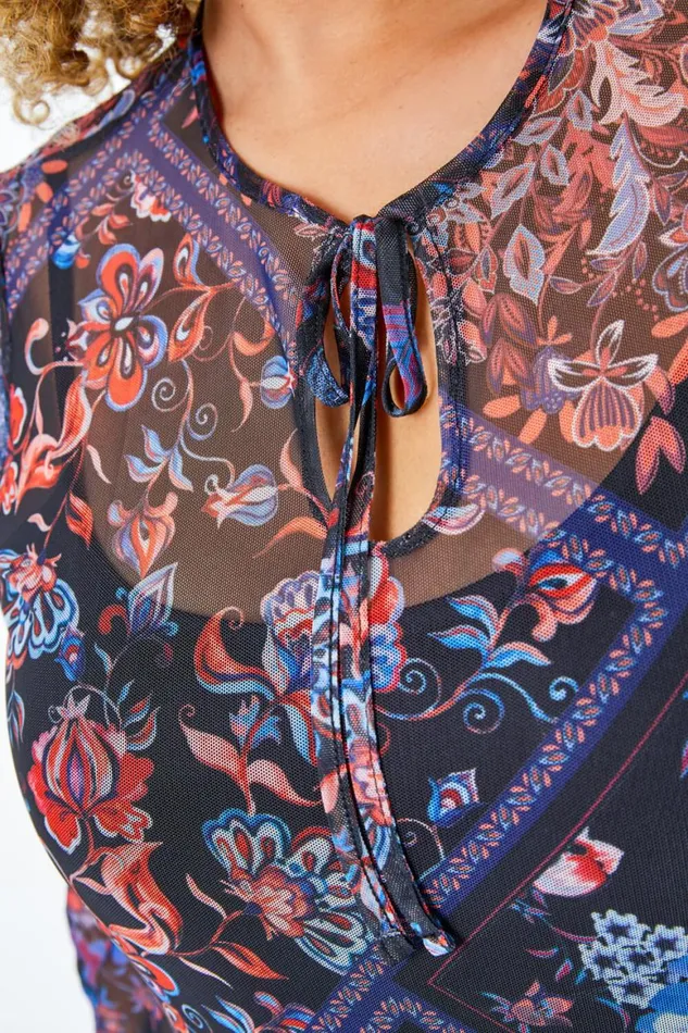 Women Blue Curve Floral Print Mesh Midi Dress Roman Dresses
