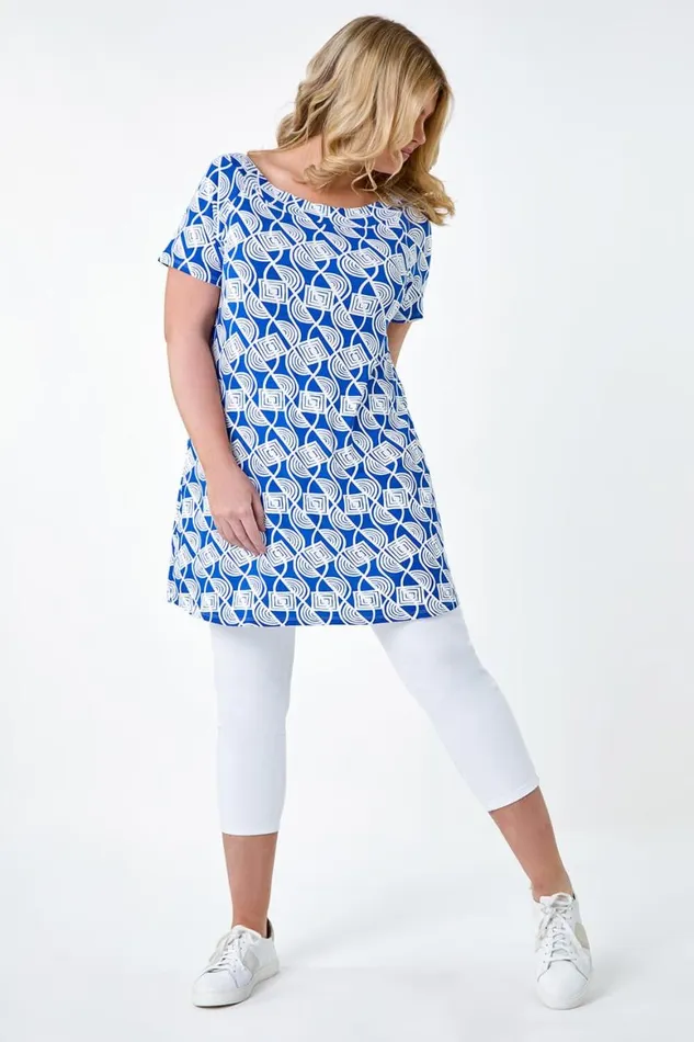 Women Blue Curve Geometric Print Stretch Top Roman Tops