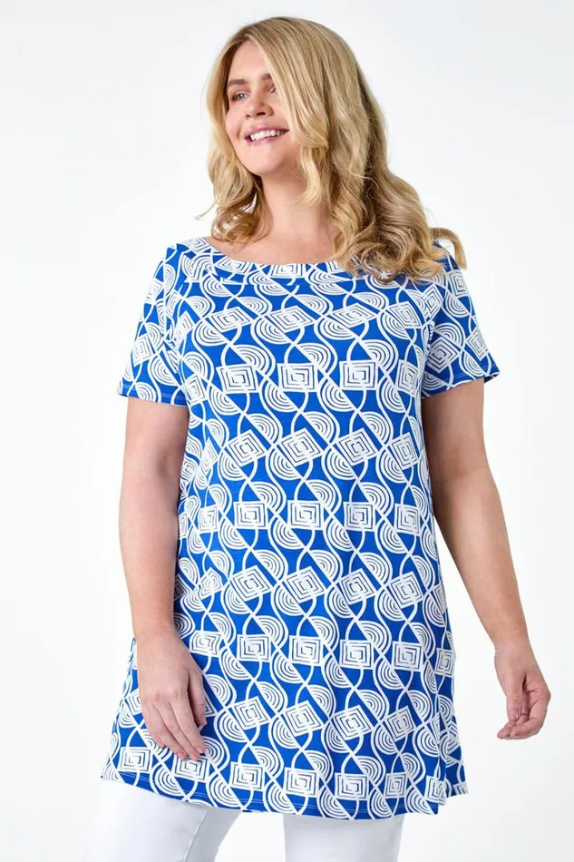 Women Blue Curve Geometric Print Stretch Top Roman Tops