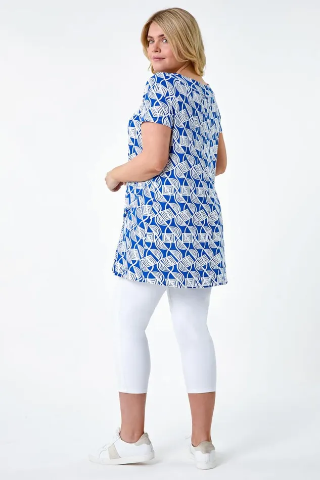 Women Blue Curve Geometric Print Stretch Top Roman Tops