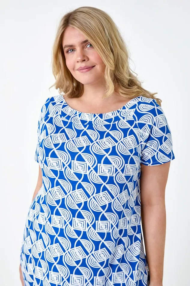 Women Blue Curve Geometric Print Stretch Top Roman Tops