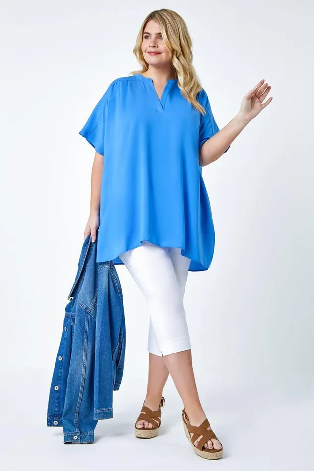 Women Blue Curve Linen Look VNeck Longline Top Roman Tops