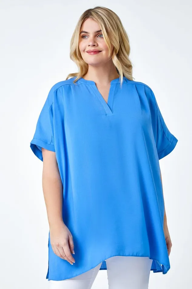 Women Blue Curve Linen Look VNeck Longline Top Roman Tops