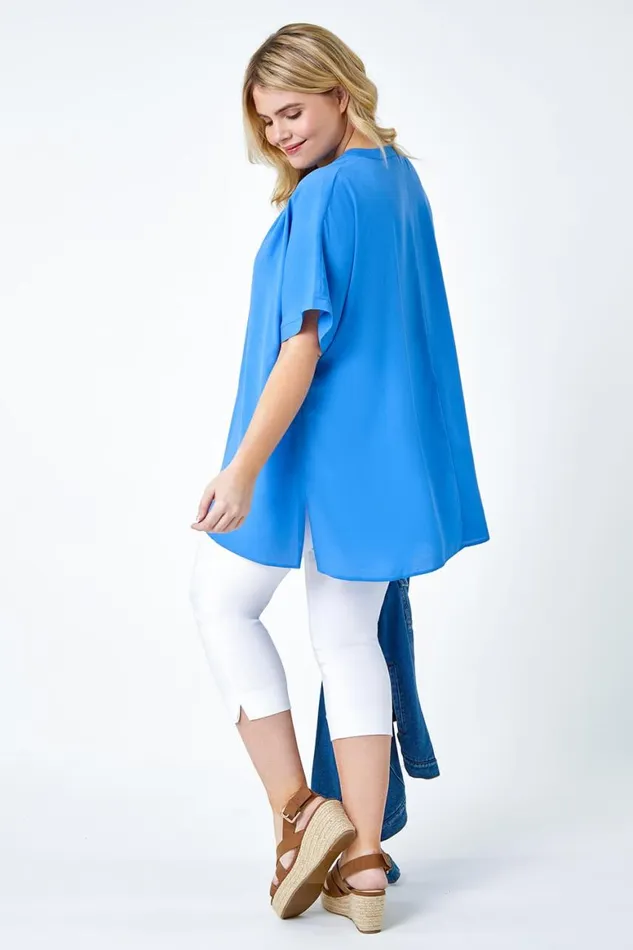 Women Blue Curve Linen Look VNeck Longline Top Roman Tops